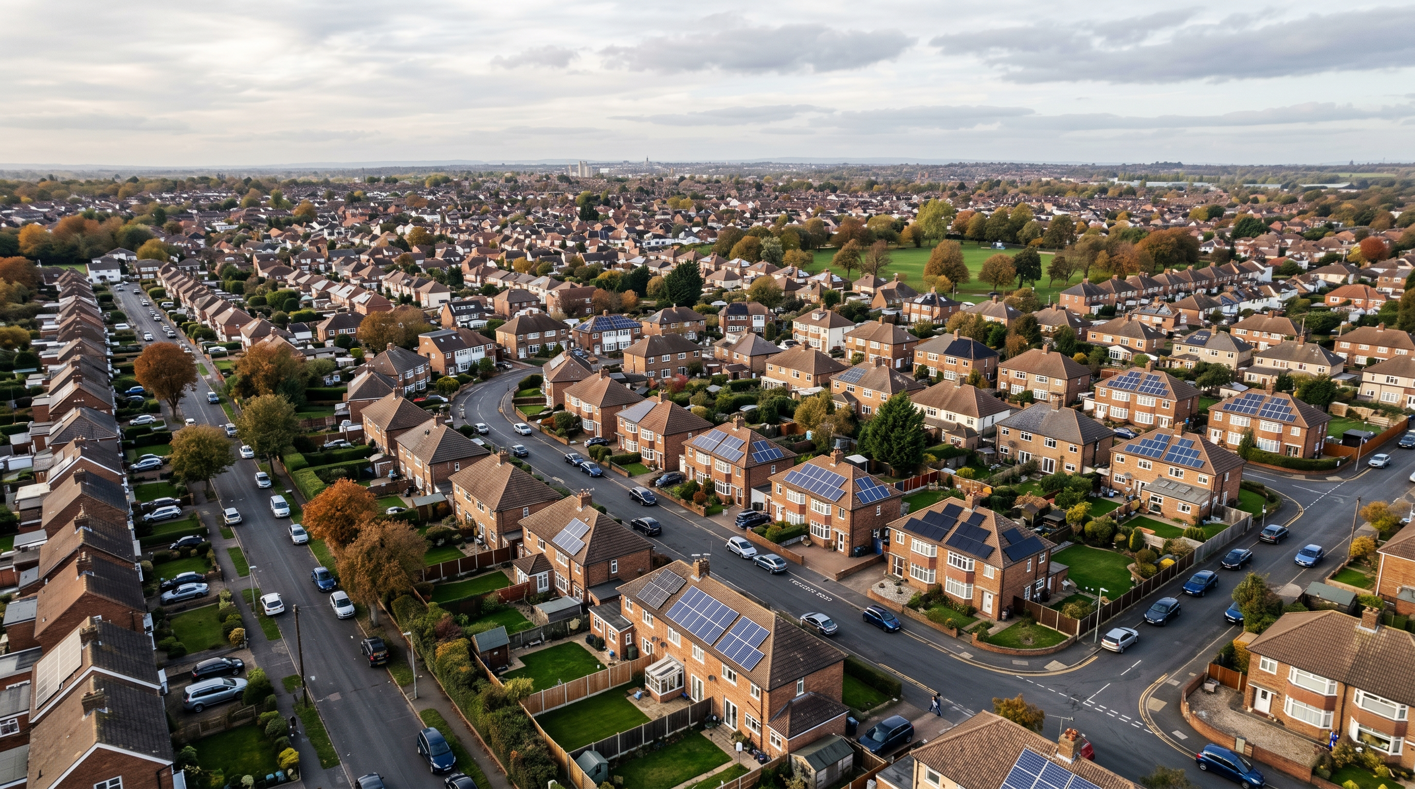 Aerial view of rooftops some fitted with solar panels.