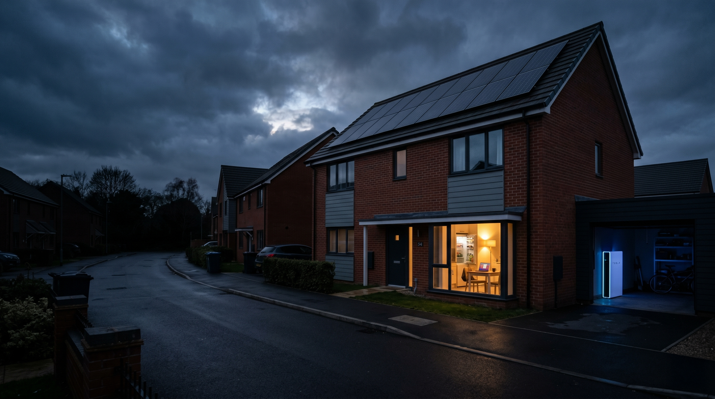 Dark residential street during a power cut with one house using home battery