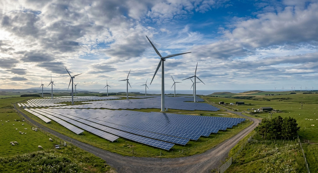 Wind turbines and solar panels against a UK sky