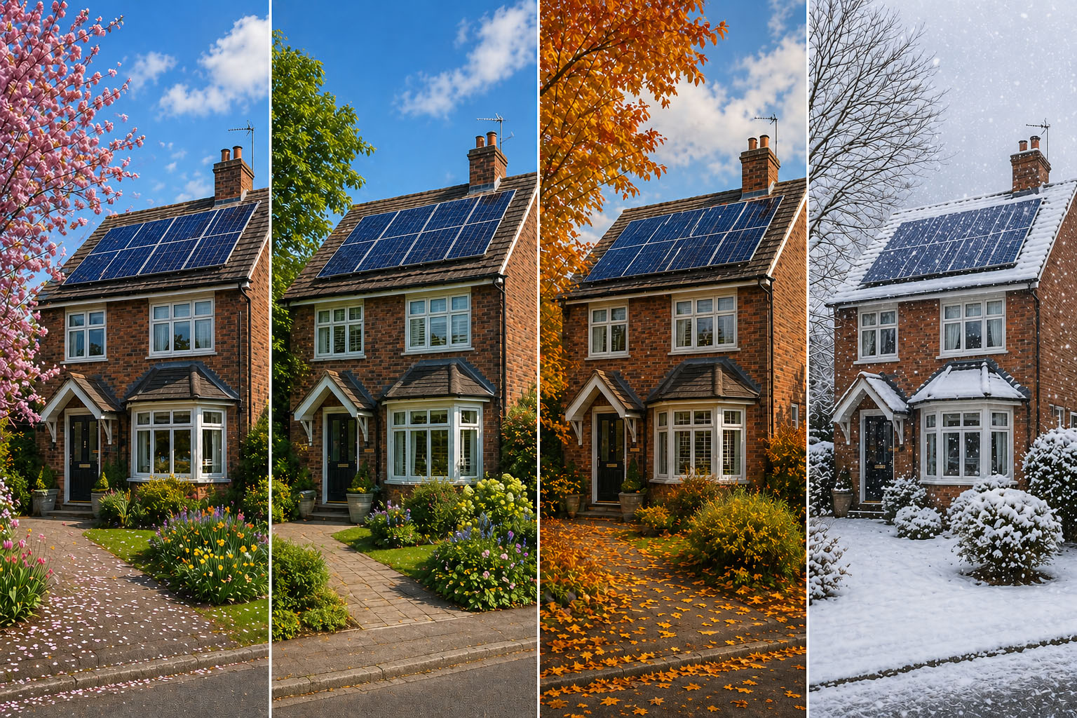 Solar panels on a UK house in spring, summer, autumn, and winter.